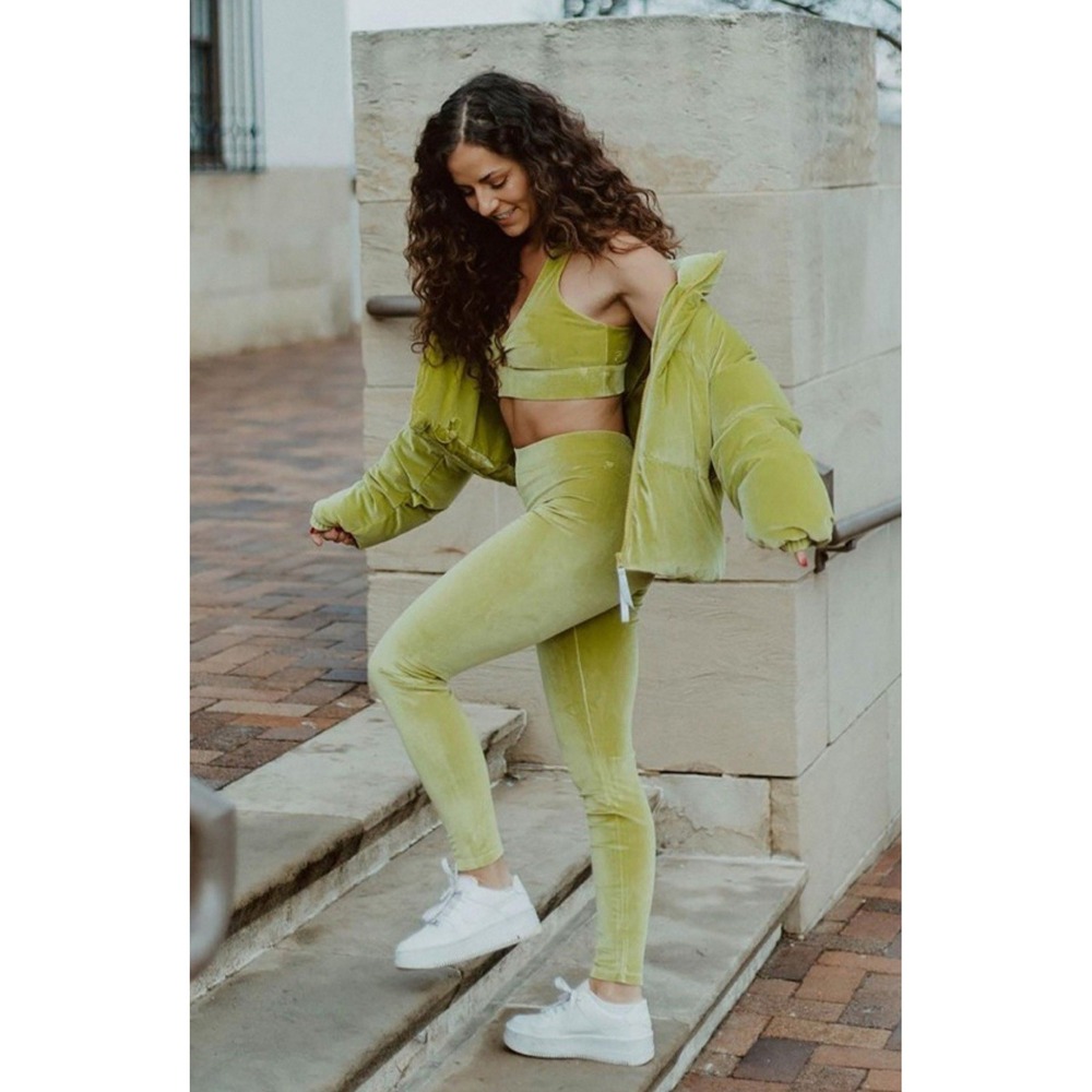 Fabletics Velour Lounge‎ Set M Green Sports Bra + Leggings Soft Cozy Athleisure